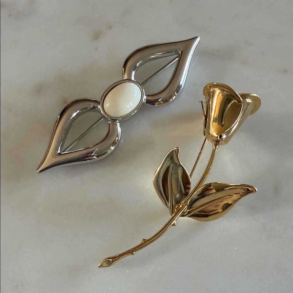 Monet vintage Gold rose and Silver Floral Brooch Set - Elegant Women’s Jewelry